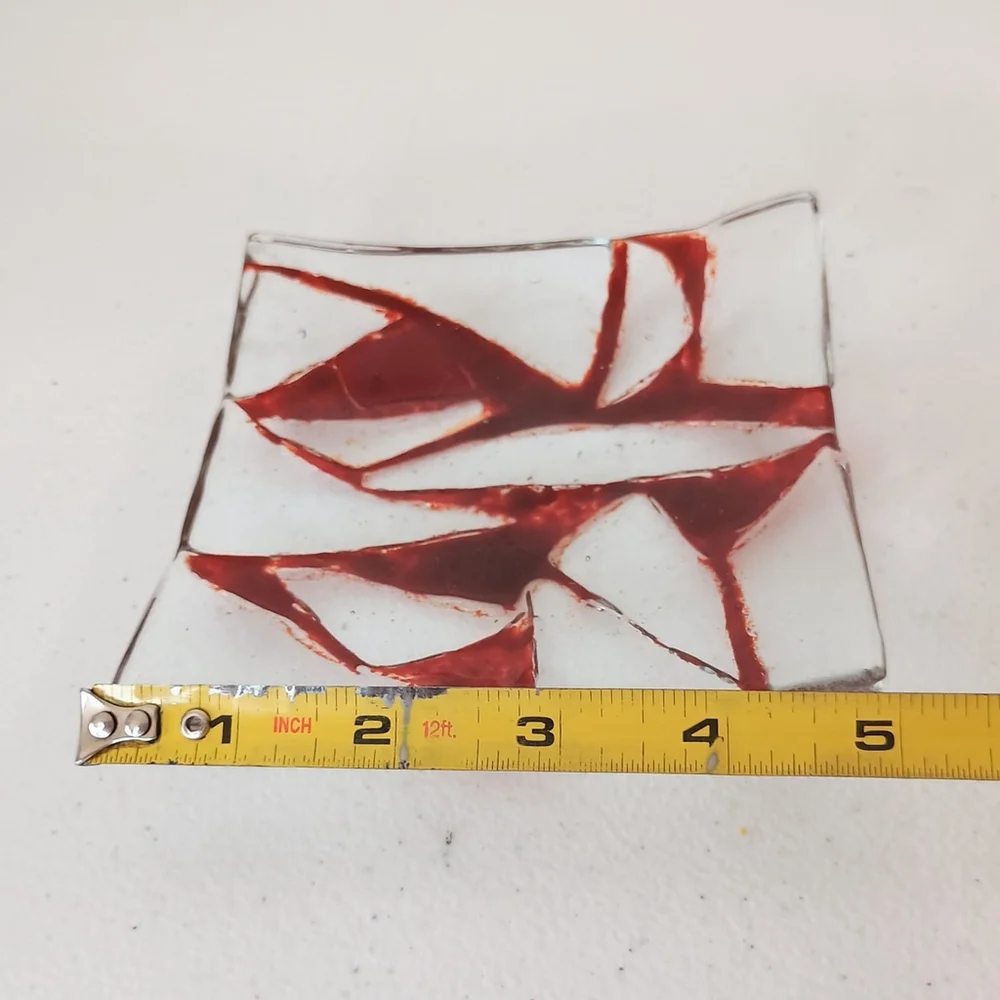 Vintage Red Clear Fuses Glass Trinket Dish Square Geometric 5x5